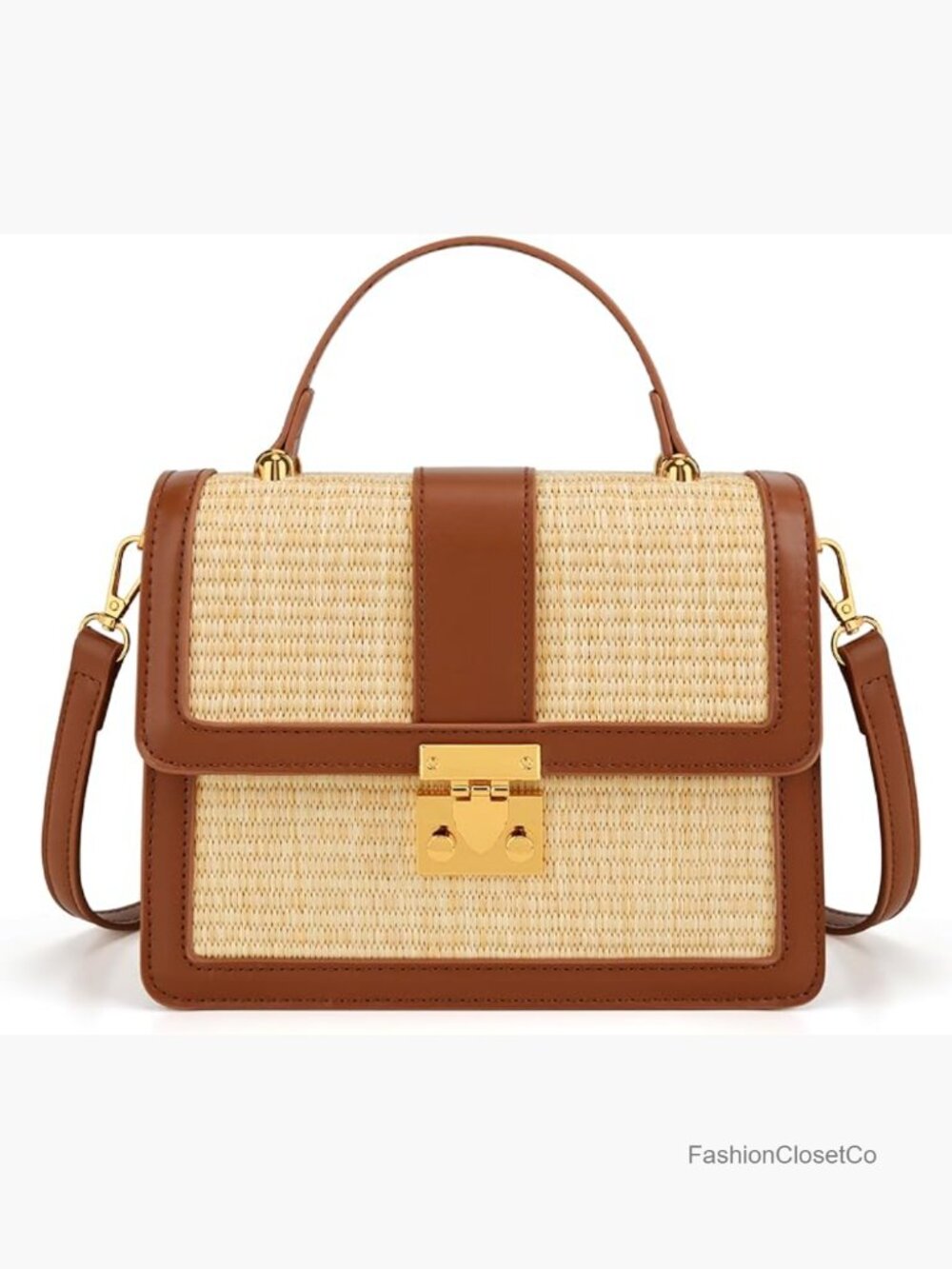 Natural Straw Crossbody Bag with PU Leather Trim, Trapezoid Handbag